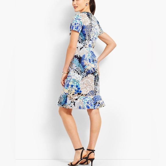 Talbots Botanical Floral Blue Multi Flounce Hem Short Sleeve Sateen Sheath 14 - Picture 3 of 7